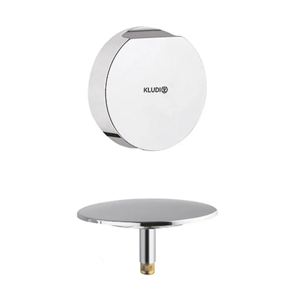 Chromene Ab- und Überlaufgarnitur von Kludi, bestehend aus rundem Bedienungselement und Bodenplatte mit Gewinde für die Installation. Geignet für Badezimmeranwendungen.